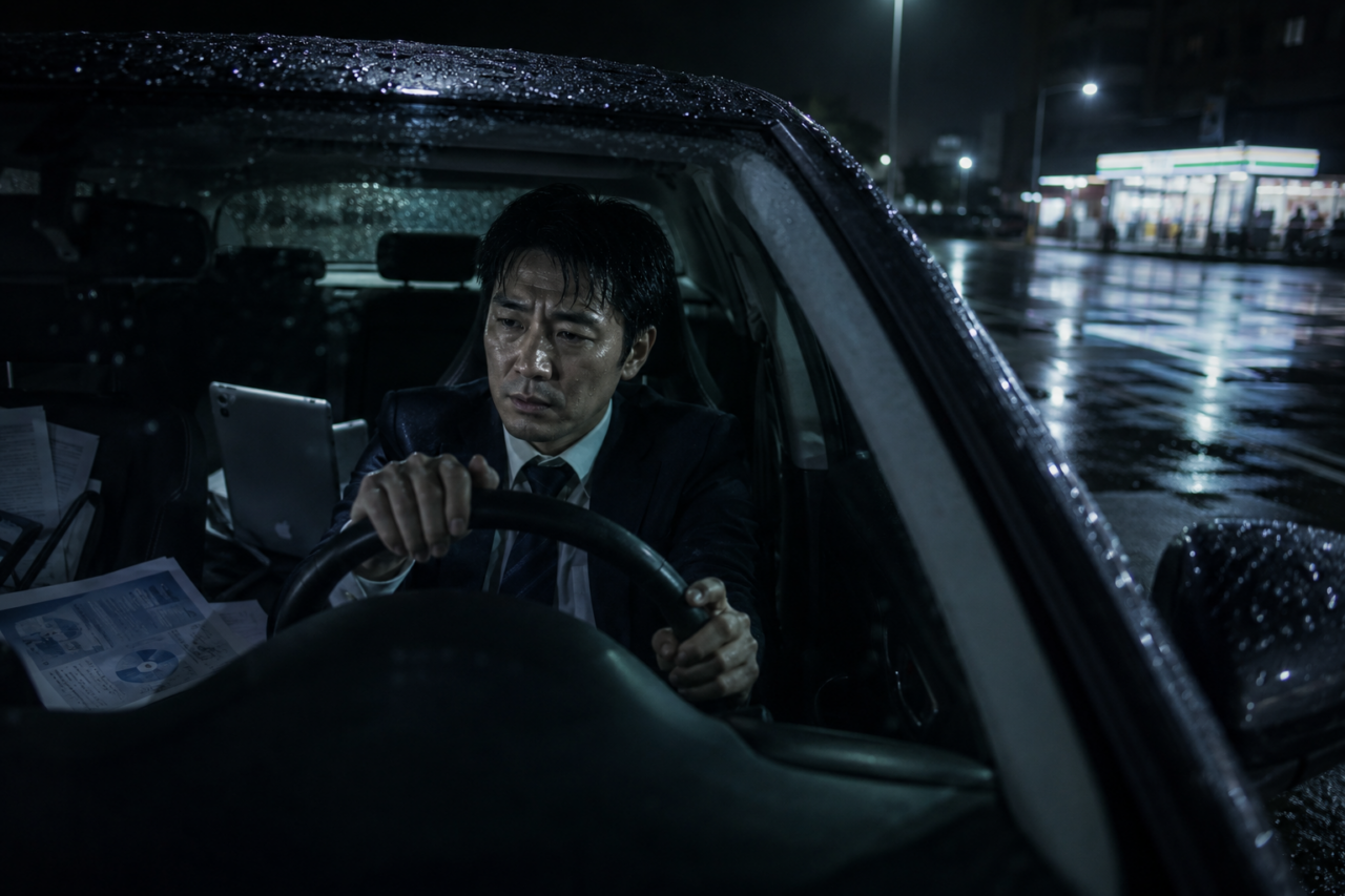 Man in a suit drives a rain-soaked car at night, gripping the steering wheel with a worried expression, papers and a tablet on the passenger side.
