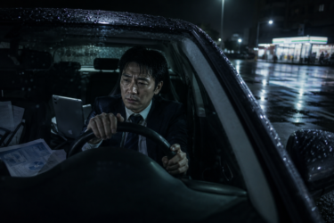 Man in a suit drives a rain-soaked car at night, gripping the steering wheel with a worried expression, papers and a tablet on the passenger side.