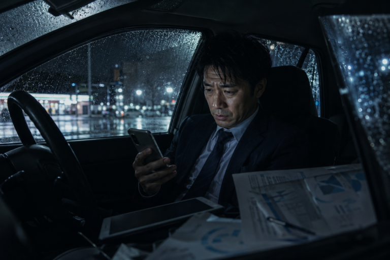 Businessman in a dark suit sits in a rain-soaked car at night, looking at his smartphone amid scattered papers.