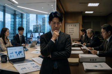 Man in a dark suit stands at the center, thoughtful, as colleagues work with laptops and documents around a long conference table.