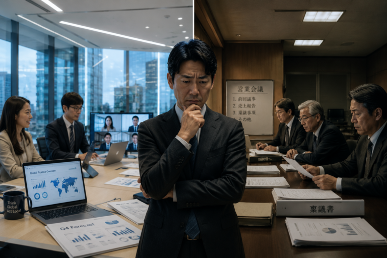 Man in a dark suit stands at the center, thoughtful, as colleagues work with laptops and documents around a long conference table.